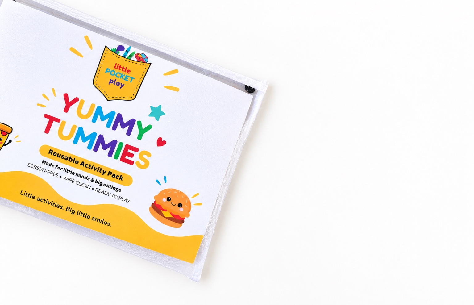 Yummy Tummies, the first little POCKET play activity pack, in its clear mesh pouch